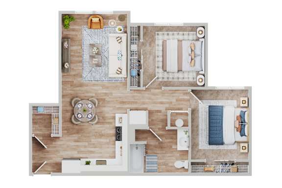A top-down view of a house layout with a kitchen, living room, dining area, and bedrooms.