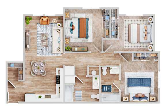 Floor Plan  A top-down view of a house layout with a kitchen, living room, and bedrooms.