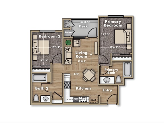 a floor plan of a bedroom apartment with a living room and a kitchen