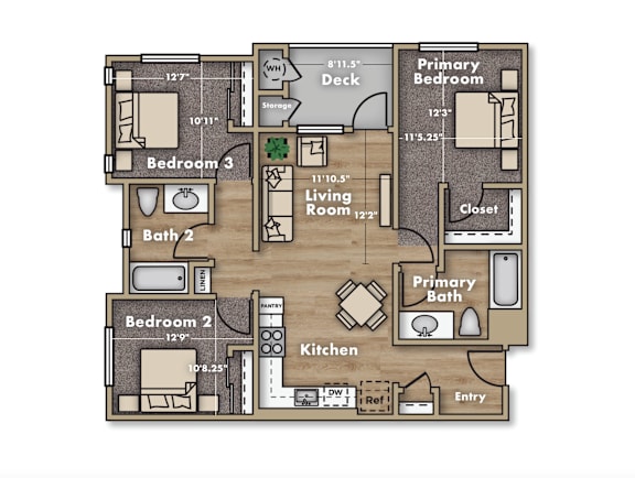 a floor plan of a residence with bedrooms and a living room