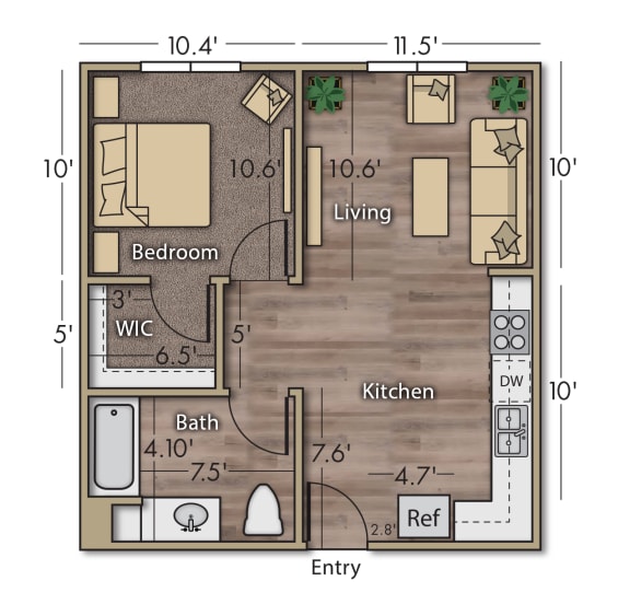 Vintage at Woodman 1-bedroom floor plan with room dimensions