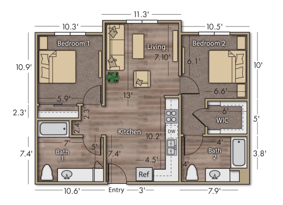 Vintage at Woodman 2 bedroom apartment floor plan with dimensions