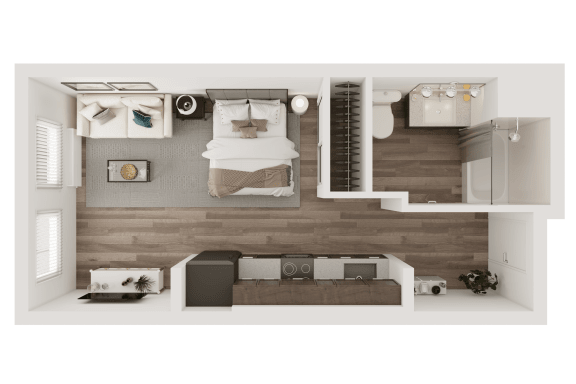 Floor Plan  Rendering of apartment showing bed, loveseat, and other furnishings