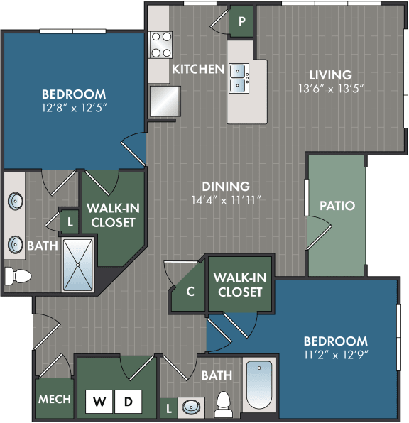 a floor plan of a 2 bedroom apartment with a walk in closet