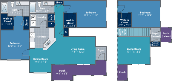 2 bedroom 2 bathroom floor plan B at Abberly Village Apartment Homes, West Columbia