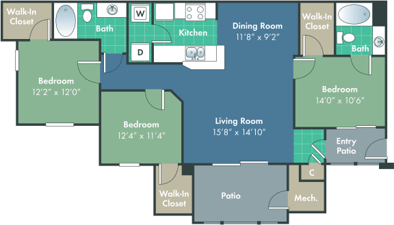 davidson Floor Plan at Abberly Woods Apartment Homes, Charlotte, NC