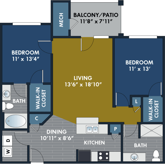 2 bedroom 2 bathroom Floor plan H at Abberly CenterPointe Apartment Homes, Midlothian, Virginia