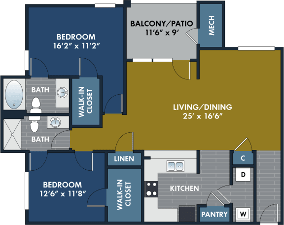 2 bedroom 2 bathroom Floor plan N at Abberly CenterPointe Apartment Homes, Midlothian, 23114