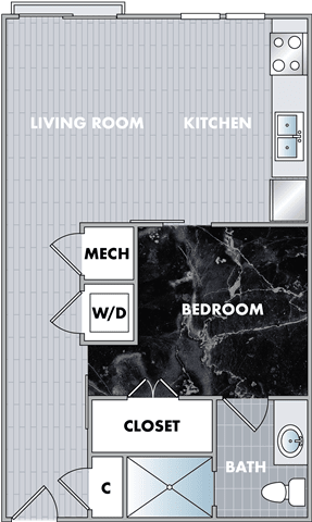 floor plan of a living room with a kitchen and a bathroom  at Abberly Onyx Apartment Homes, Decatur, 30033