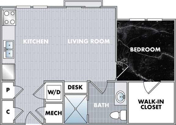 a floor plan of a living room and kitchen with a walk in closet  at Abberly Onyx Apartment Homes, Decatur, 30033