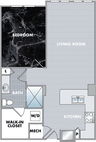 floor plan of a living room with a bedroom and a bathroom  at Abberly Onyx Apartment Homes, Decatur
