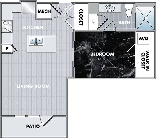 floor plan of a bedroom apartment with a balcony and a living room  at Abberly Onyx Apartment Homes, Georgia