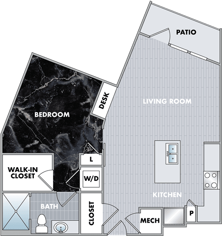 a floor plan of a small house with a walk in closet  at Abberly Onyx Apartment Homes, Decatur, 30033