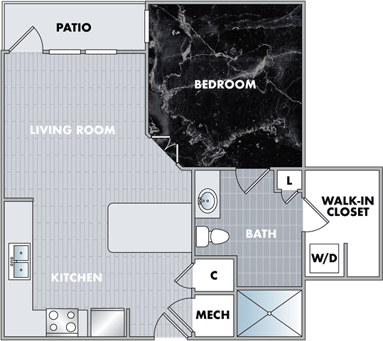 a floor plan of a house with a bedroom and a living room at Abberly Onyx Apartment Homes, Decatur