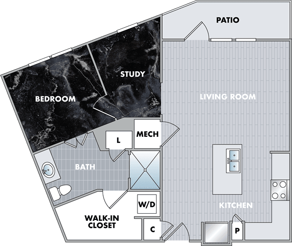 a floor plan of a bedroom floor plan with a bathroom and a living room at Abberly Onyx Apartment Homes, Decatur, Georgia