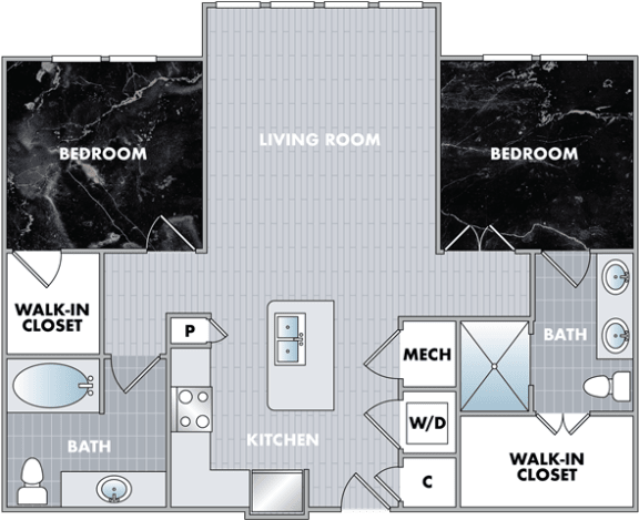 Floor Plan  a floor plan of a bedroom floor plan with a bathroom and a living room  at Abberly Onyx Apartment Homes, Decatur, Georgia