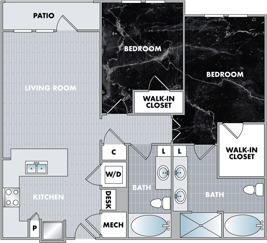 floor plan for a bedroom apartment with a closet and a walk in closet at Abberly Onyx Apartment Homes, Decatur, Georgia