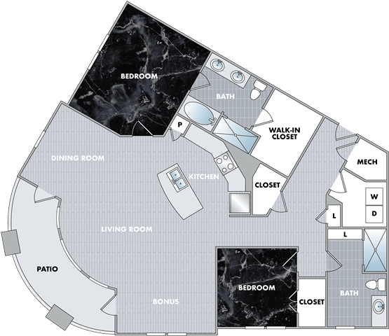 a floor plan of a small house with a bedroom and a living room at Abberly Onyx Apartment Homes, Decatur