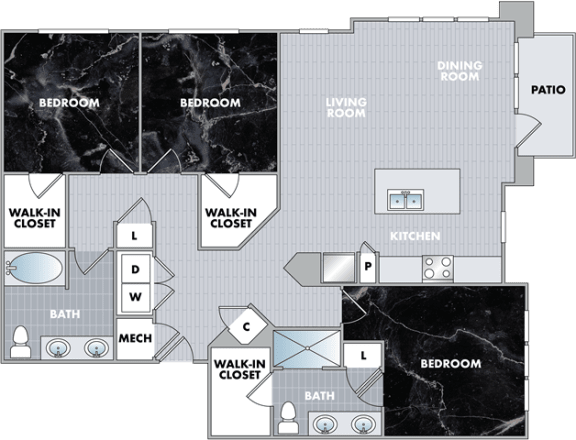 a floor plan of a house with a kitchen and a living room at Abberly Onyx Apartment Homes, Decatur, Georgia