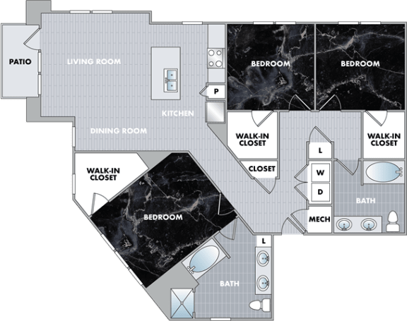Floor Plan  level floor plan of a bedroom apartment with a bathroom and a living room at Abberly Onyx Apartment Homes, Decatur, 30033