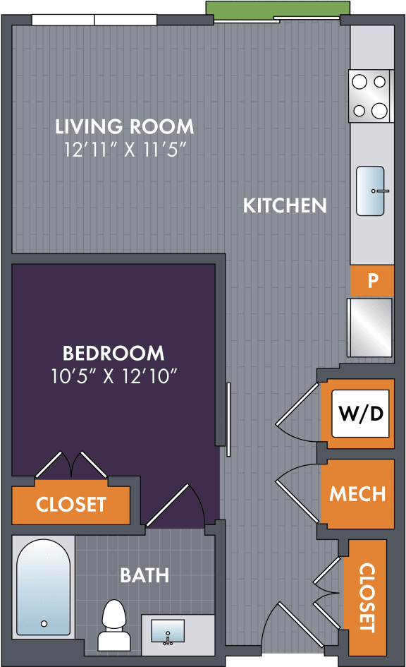 Studio 1 bath floor plan at Abberly Foundry Apartment Homes, Tennessee, 37206