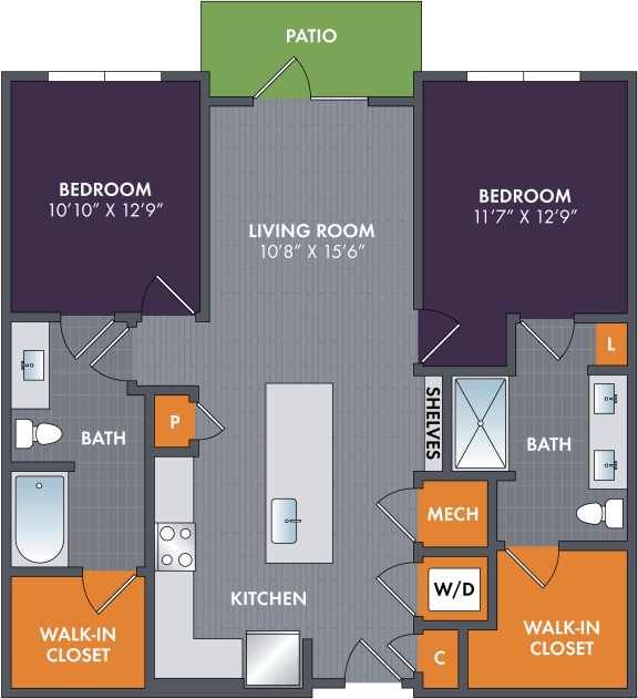 Floor Plan  2 bed 2 bath floor plan at Abberly Foundry Apartment Homes, Nashville