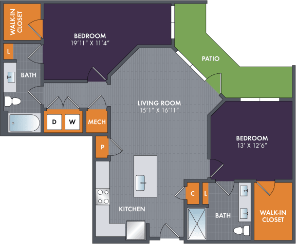 Floor Plan  2 bed 2 bath floor plan C at Abberly Foundry Apartment Homes, Nashville, TN, 37206
