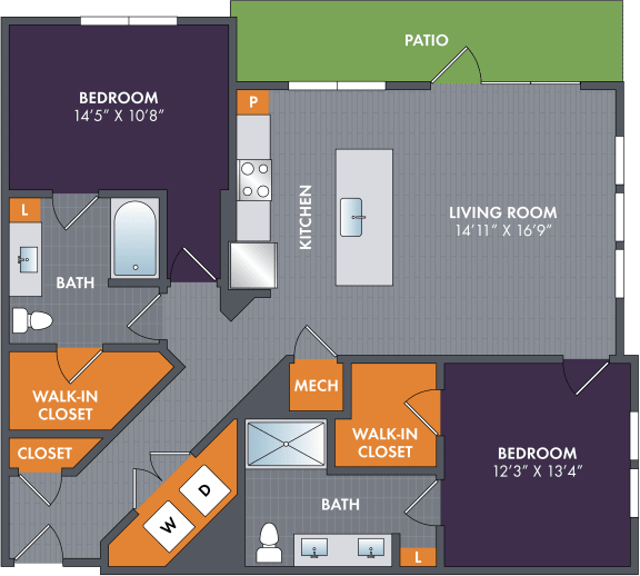 Floor Plan  2 bed 2 bath floor plan Dat Abberly Foundry Apartment Homes, Nashville, TN