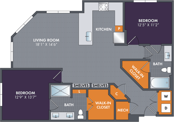 2 bed 2 bath floor plan F at Abberly Foundry Apartment Homes, Nashville, Tennessee