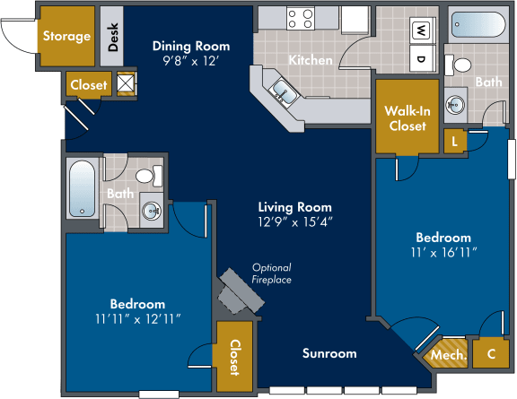 2 bedroom 2 bathroom Floor plan E at Abberly Twin Hickory Apartment Homes, Glen Allen, Virginia