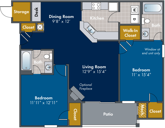 2 bedroom 2 bathroom Floor plan A at Abberly Twin Hickory Apartment Homes, Glen Allen, VA, 23059