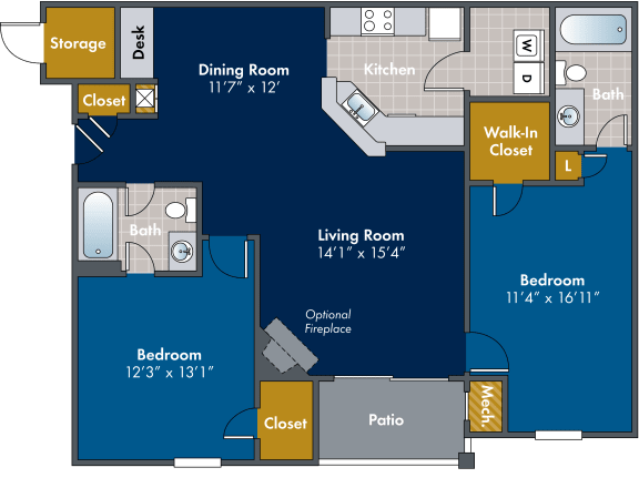 2 bedroom 2 bathroom Floor plan C at Abberly Twin Hickory Apartment Homes, Glen Allen, 23059