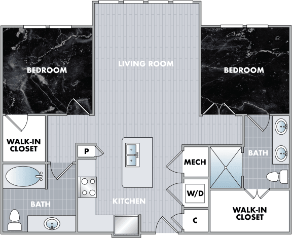 Floor Plan  2 bed 2 bath floor plan F at Abberly Onyx Apartment Homes, Decatur, 30033