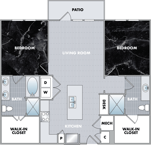 Floor Plan  2 bed 2 bath floor plan E at Abberly Onyx Apartment Homes, Decatur, GA