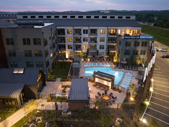 an aerial view of a large building with a pool in the middle  at Abberly Riverwalk Apartment Homes, Nashville, TN