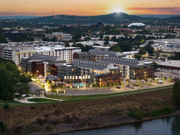 a view of the campus at sunset at Abberly Riverwalk Apartment Homes, Nashville, TN