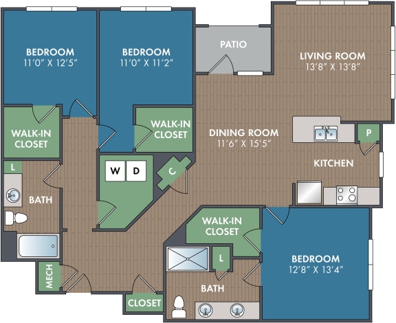 a floor plan of a two bedroom apartment with a den and kitchen