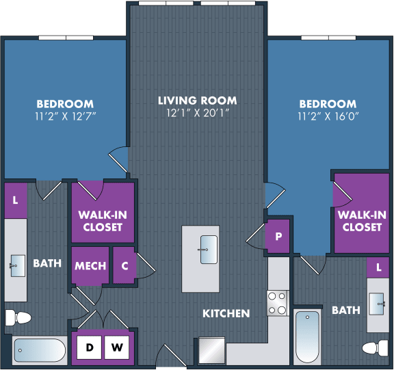 a floor plan of a two bedroom apartment with a walk in closet and a balcony  at Abberly Noda Vista Apartment Homes, North Carolina, 28206