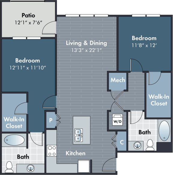 1101 Square-Feet 2 bedroom 2 bathroom  Miles Floorplan at Abberly Market Point Apartment Homes by HHHunt, Greenville
