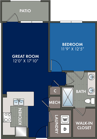 floor plan of the floorplan of a bedroom apartment  at Abberly Liberty Crossing Apartment Homes, Charlotte, NC