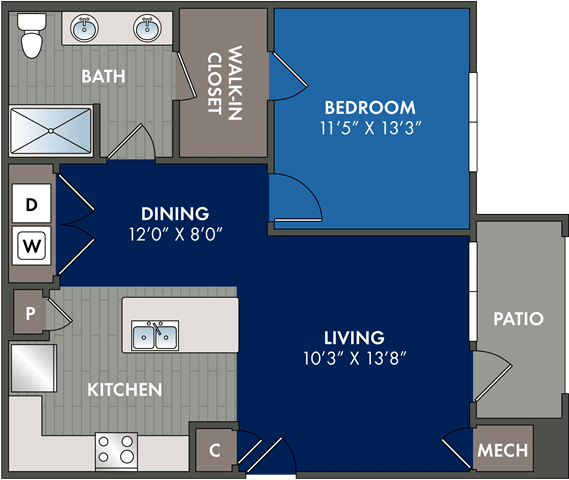 the floor plan of a small apartment with a bedroom and a living room  at Abberly Liberty Crossing Apartment Homes, Charlotte