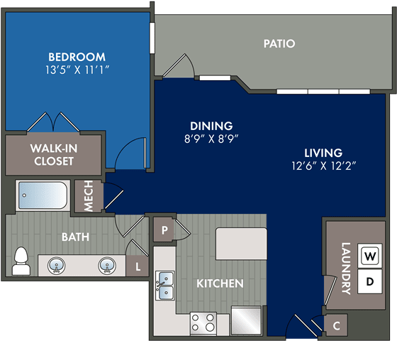 the blueprint of a floor plan of a studio apartment at Abberly Liberty Crossing Apartment Homes, North Carolina, 28269