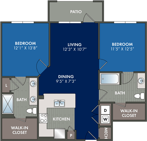 the floor plans of a bedroom apartment with a closet and a living room  at Abberly Liberty Crossing Apartment Homes, Charlotte, 28269
