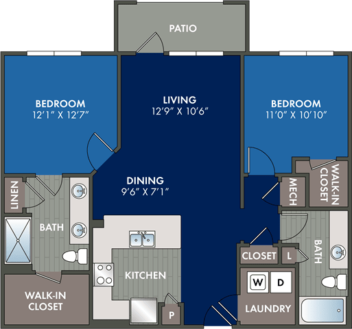 floor plans of a 2 bedroom floor plan with a closet and a living room  at Abberly Liberty Crossing Apartment Homes, Charlotte, 28269