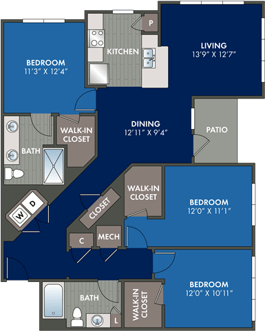 a floor plan of a roommates roommates house floor plan with bedrooms and baths  at Abberly Liberty Crossing Apartment Homes, Charlotte, NC