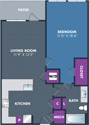 diagram of the floor plan of a studio apartment floor plan with bedrooms and baths
