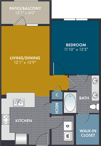 floor plan of the living  dining room and kitchen at Abberly Solaire Apartment Homes, North Carolina, 27529