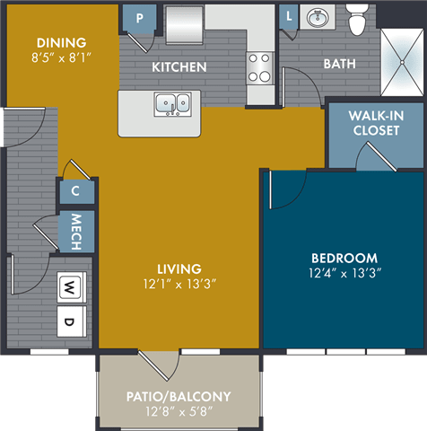a floor plan of a living area and a kitchen with a bedroom and a patio at Abberly Solaire Apartment Homes, North Carolina, 27529