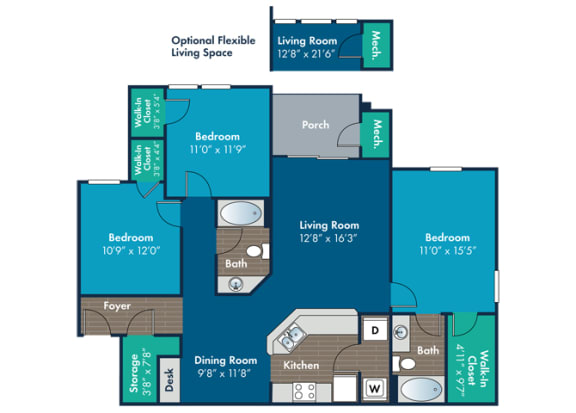 3 bedroom 2 bathroom Severn Floor Plan at Abberly Crest Apartment Homes by HHHunt, Maryland, 20653