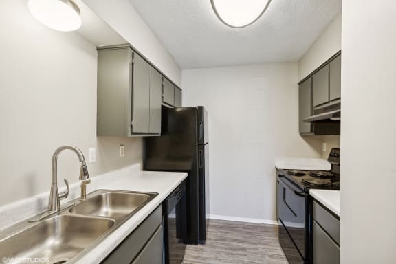an empty kitchen with black appliances and sink at The Birches Apartment Homes, Memphis, Tennessee